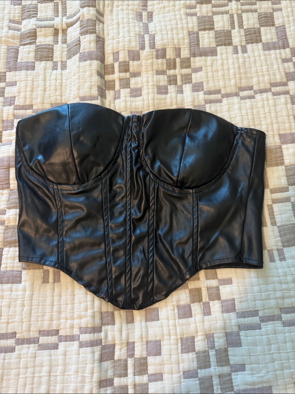 Black Vegan Leather Corset Crop Top - Women's Bustier